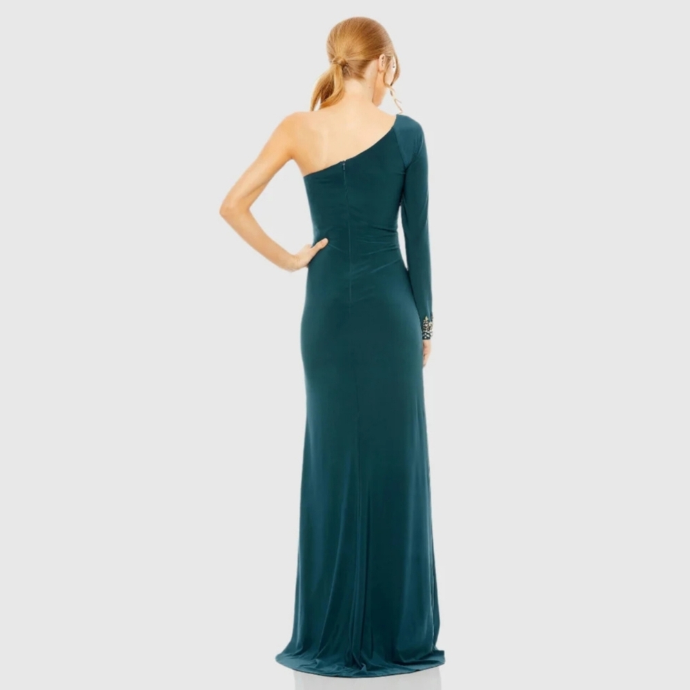 š„Mac Duggal Elegant One-Shoulder Teal Evening Gown with sleeve embellishment. - Picture 9 of 17